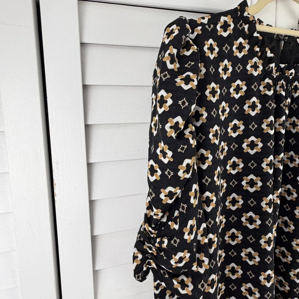 LOFT Blouse XL Black Geometric Ruffle Neck Puff Sleeve NEW